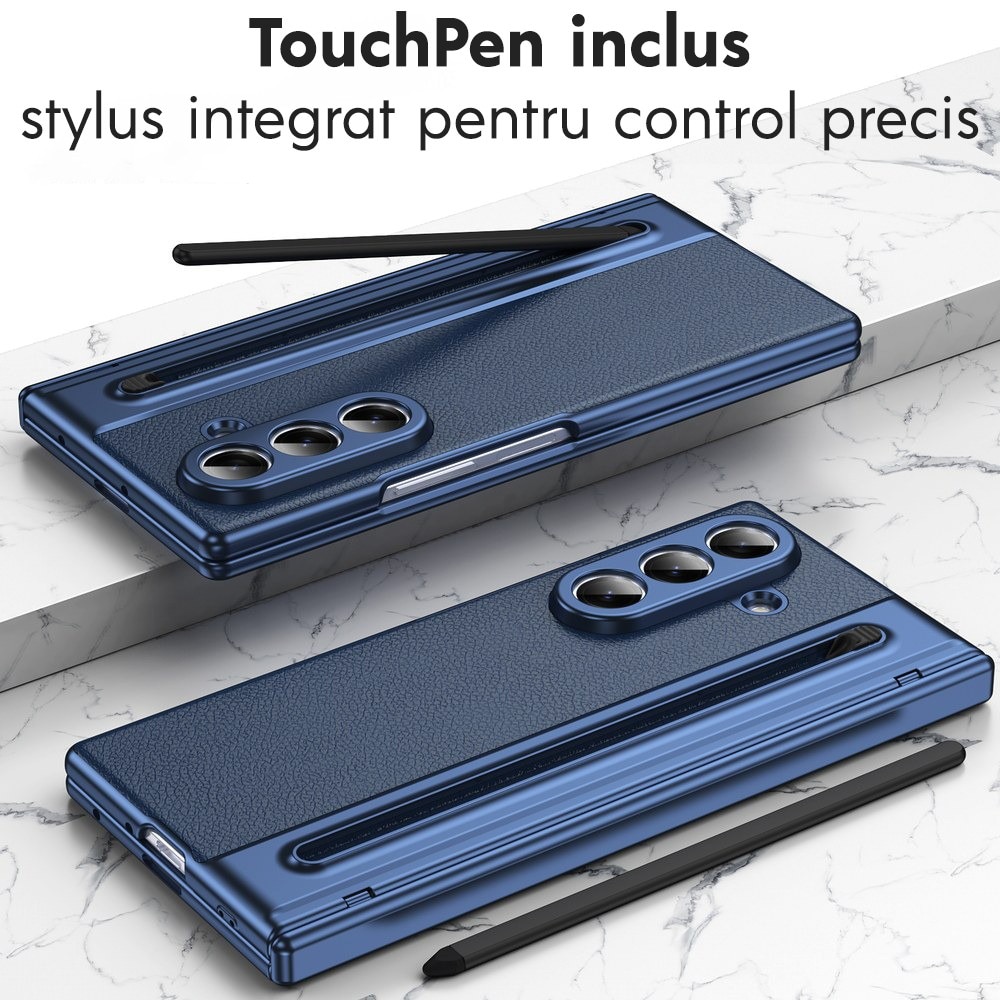Husa pentru Samsung Galaxy Z Fold 8 Ultra, DaDen Skin, Protectie completa 360°, TouchPen inclus, Protectie ecran, Textura piele, Protectie balama, Albastru