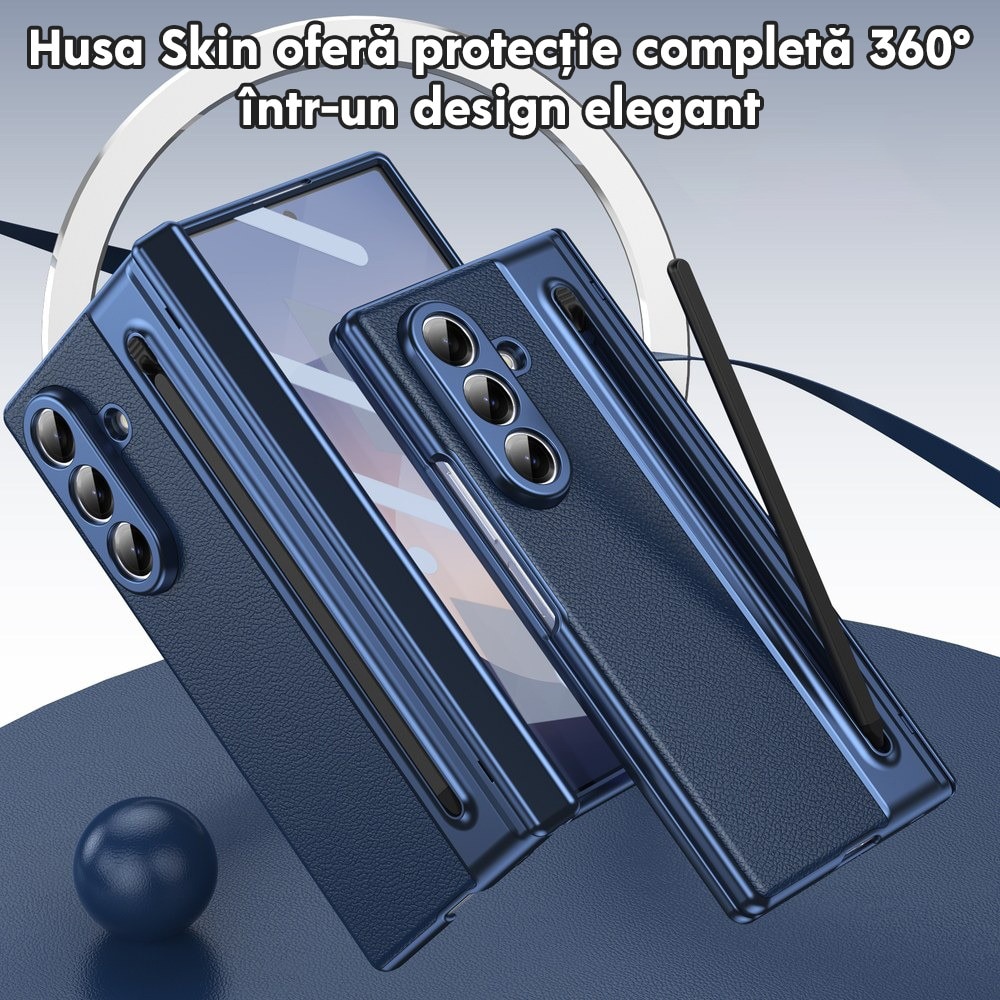 Husa pentru Samsung Galaxy Z Fold 8 Ultra, DaDen Skin, Protectie completa 360°, TouchPen inclus, Protectie ecran, Textura piele, Protectie balama, Albastru