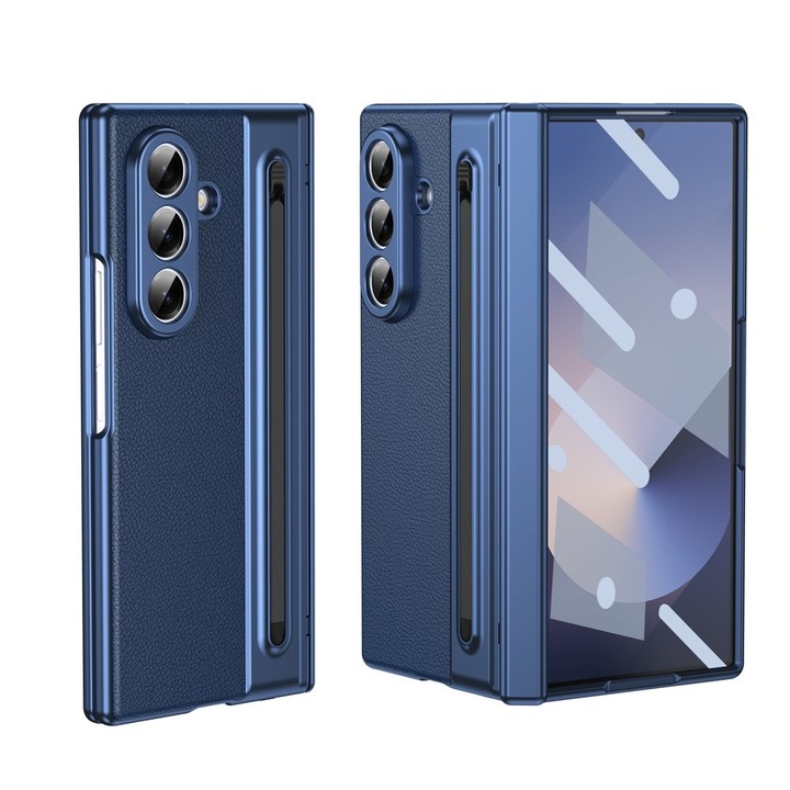 Husa pentru Samsung Galaxy Z Fold 8 Ultra, DaDen Skin, Protectie completa 360°, TouchPen inclus, Protectie ecran, Textura piele, Protectie balama, Albastru