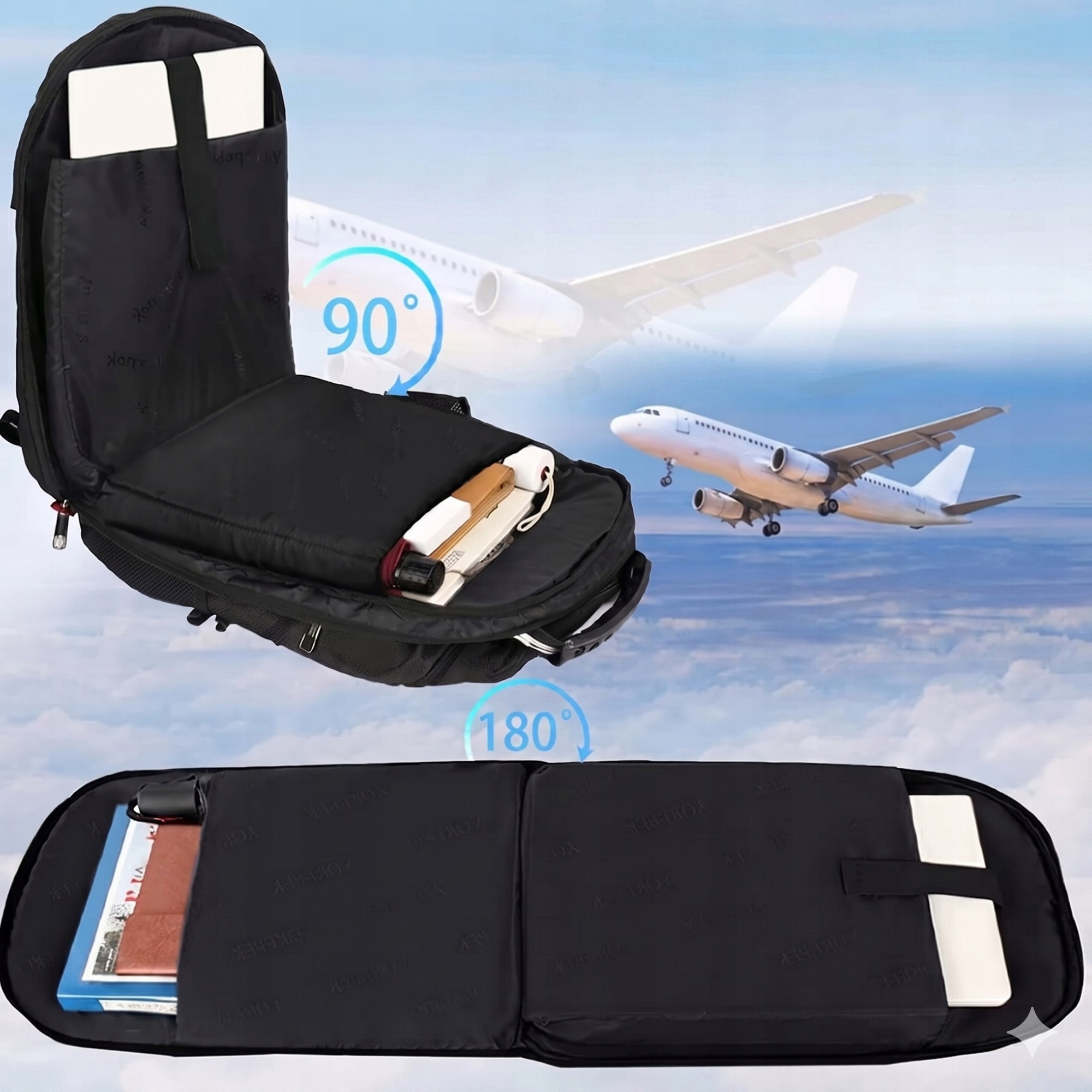 Matein, rucsac poliester cu port USB si compartiment laptop 17,3" Model 1008, negru/turcoaz, 35L