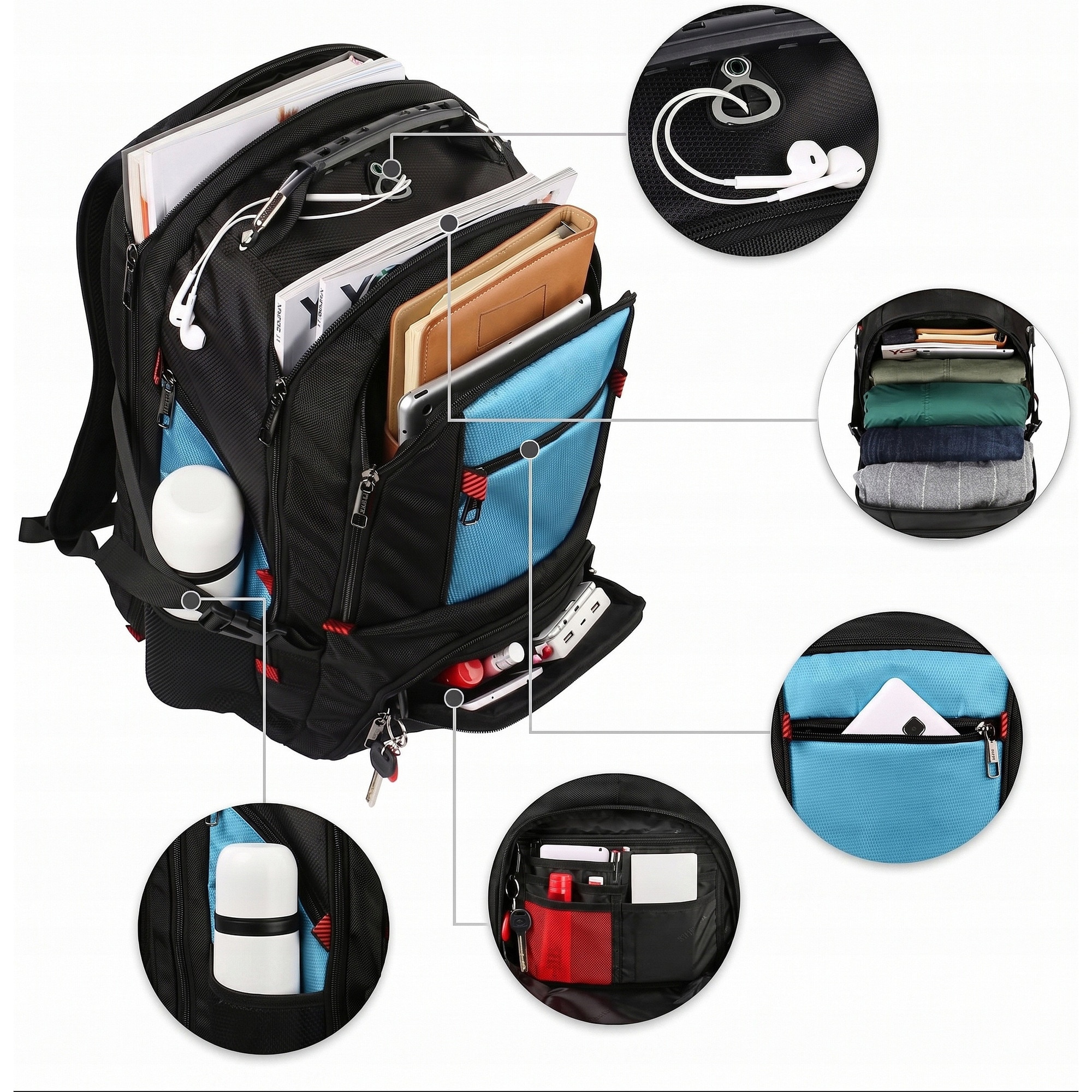 Matein, rucsac poliester cu port USB si compartiment laptop 17,3" Model 1008, negru/turcoaz, 35L