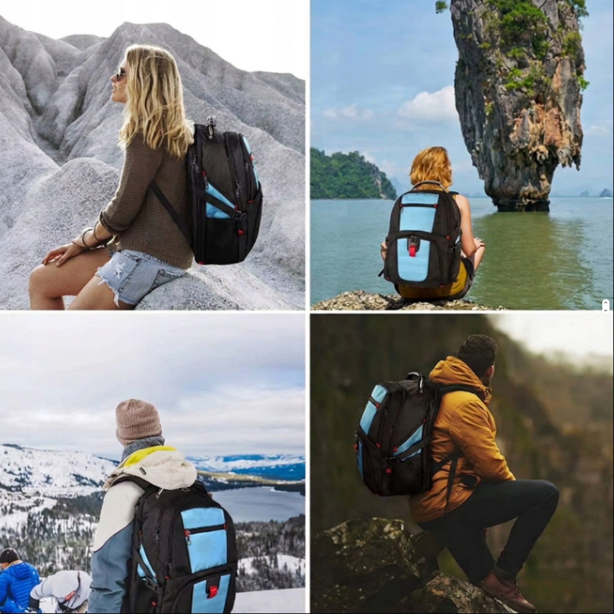 Matein, rucsac poliester cu port USB si compartiment laptop 17,3" Model 1008, negru/turcoaz, 35L