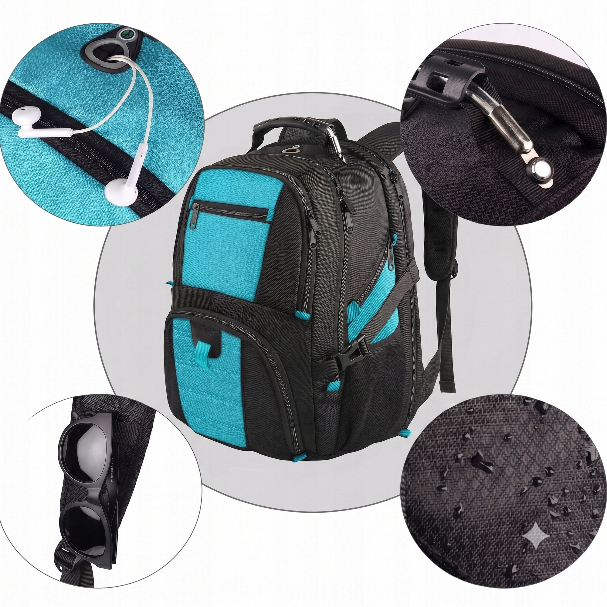 Matein, rucsac poliester cu port USB si compartiment laptop 17,3" Model 1008, negru/turcoaz, 35L