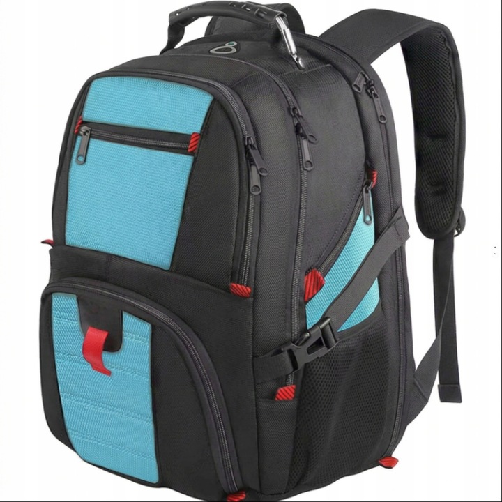 Matein, rucsac poliester cu port USB si compartiment laptop 17,3" Model 1008, negru/turcoaz, 35L