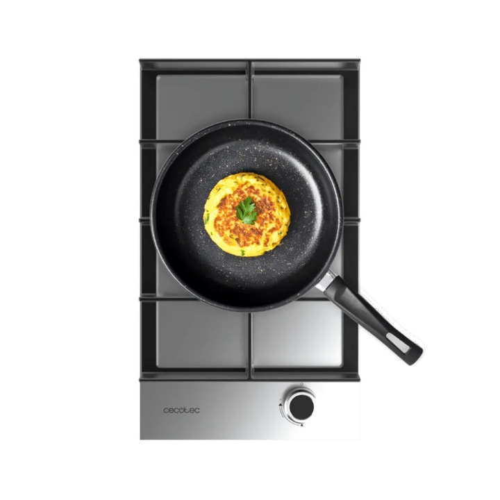 Plita incorporabila pe gaz CECOTEC, Bolero Squad G 1400 S, 1 arzator WOK 3.4 kW, latime 29 cm, grilaj circular din fonta solida, comanda prin comutator rotativ, aprindere electrica, sistem de siguranta cu supapa, material otel inoxidabil, argintiu