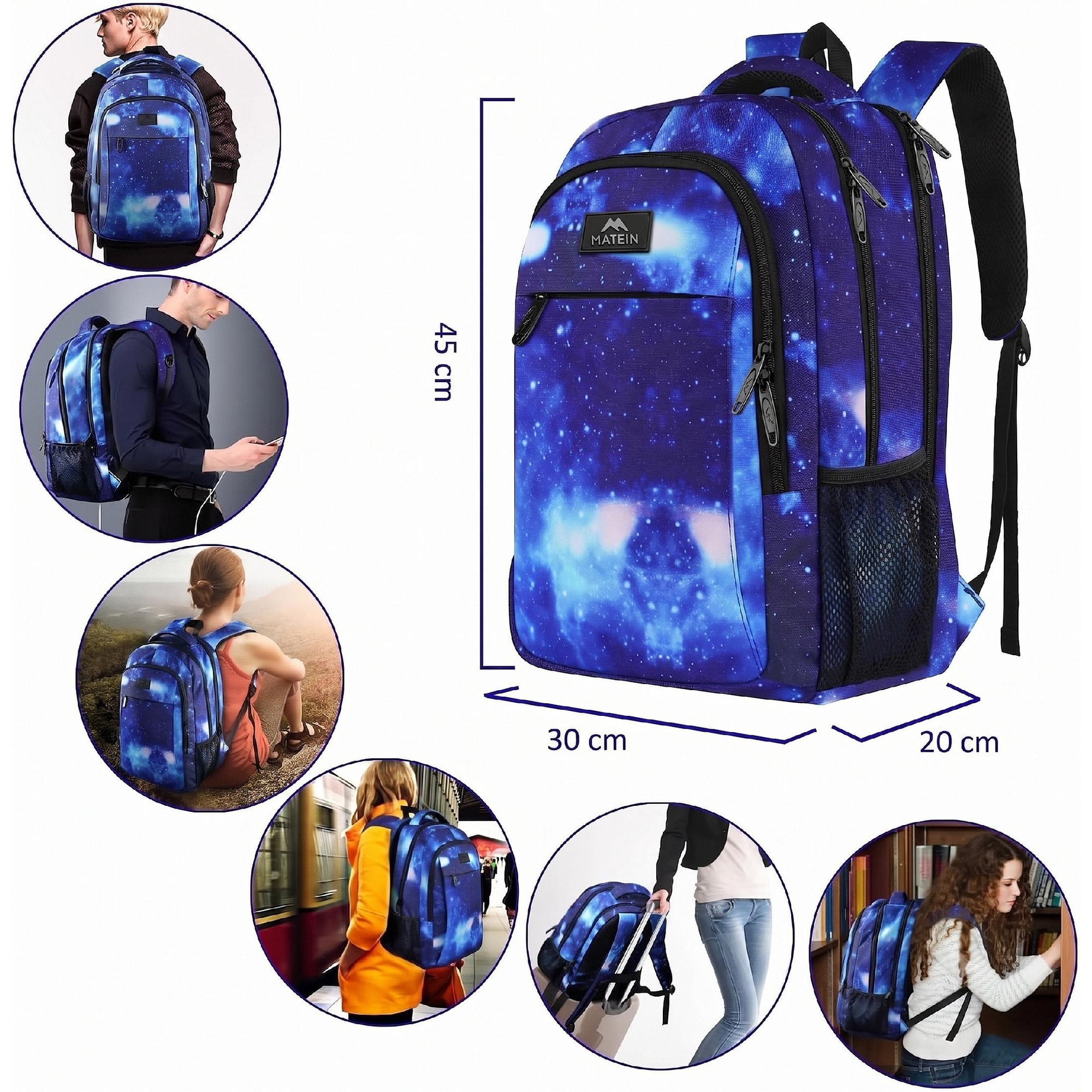 Matein, rucsac din poliester pentru laptop 15.6 cu port USB, 3 compartimente, buzunar anti‑furt si organizer, model 1007, Galaxy, 45x30x20 cm