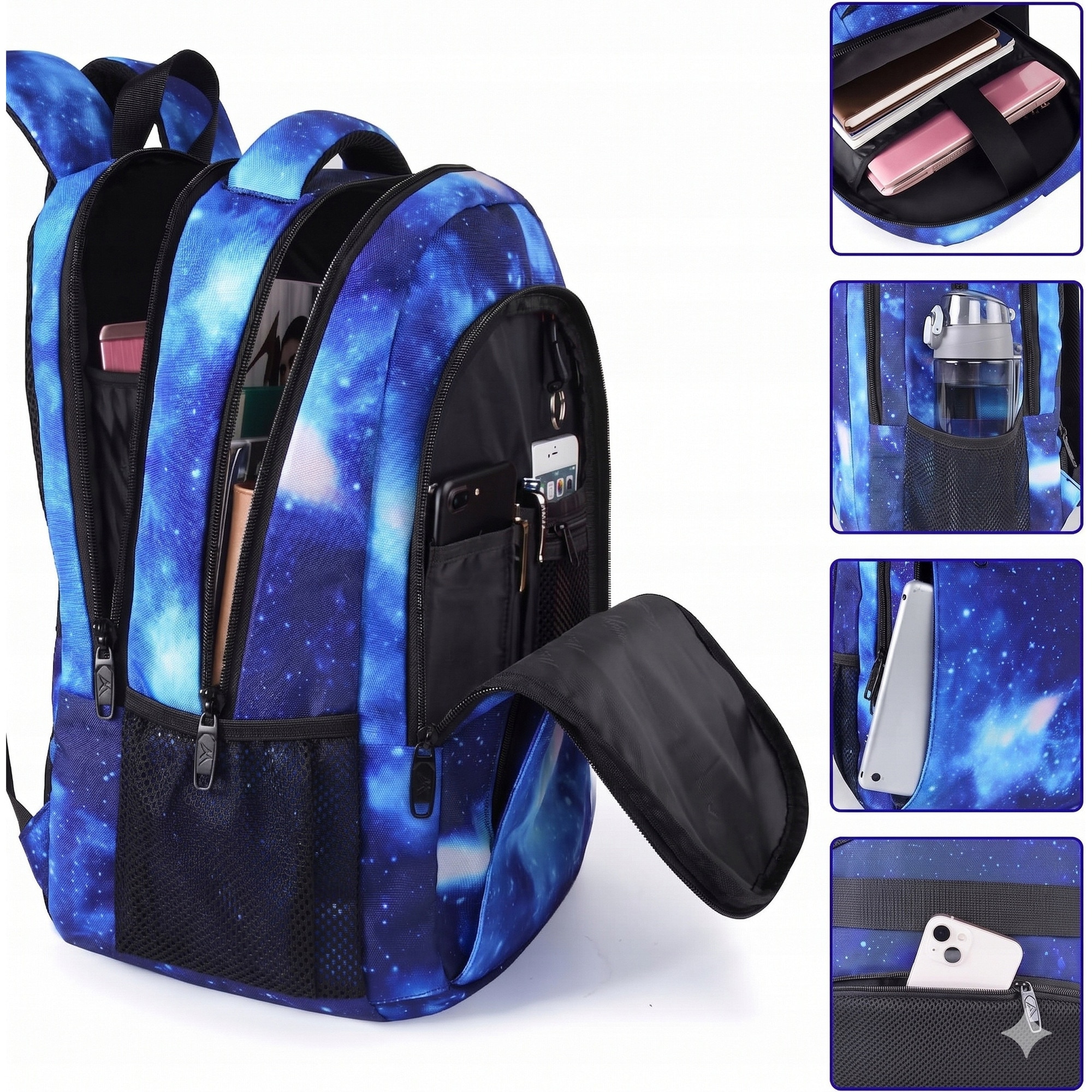Matein, rucsac din poliester pentru laptop 15.6 cu port USB, 3 compartimente, buzunar anti‑furt si organizer, model 1007, Galaxy, 45x30x20 cm