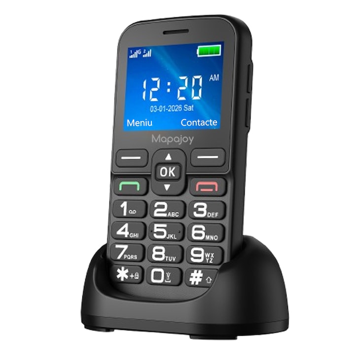 Mapajoy MP2 Senior mobiltelefon, 4G, magyar menü, SOS gomb a biztonságért, FM rádió, erős hangszóró, zseblámpa, nagyméretű gombok, hosszú üzemidő, 6.1cm kijelző, kamera, fekete