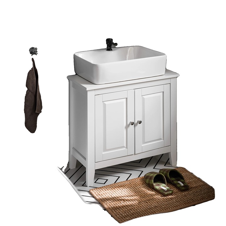Dulap sub lavoar din MDF, 2 usi cu polita si decupaj pentru sifon, capacitate 55 kg, 60 x 62 x 30 cm, alb