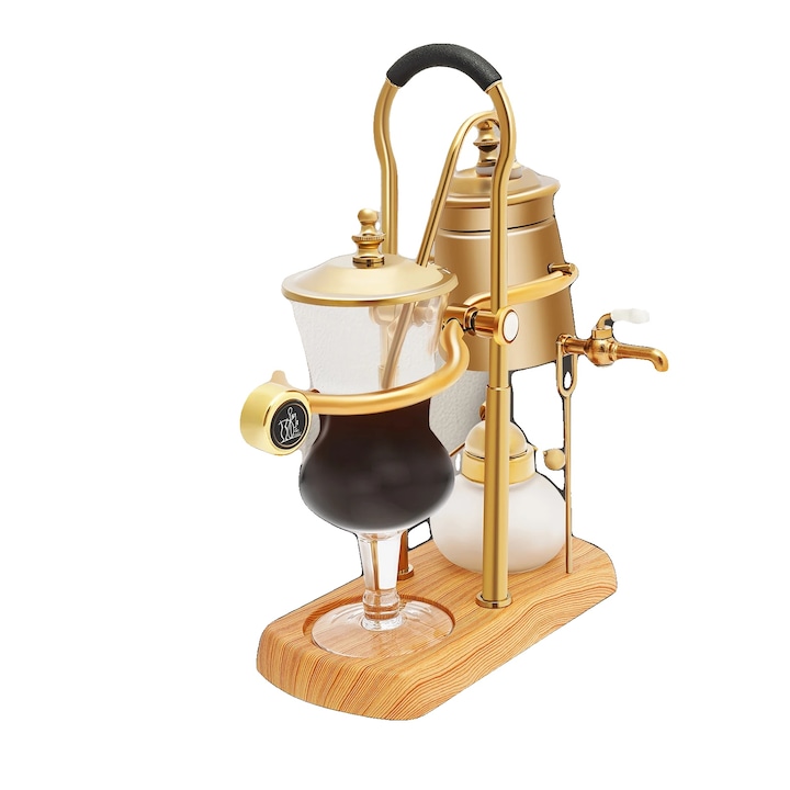 Sifon pentru cafea manual din sticla borosilicata si inox, stil retro, montare independenta, auriu, 400 ml