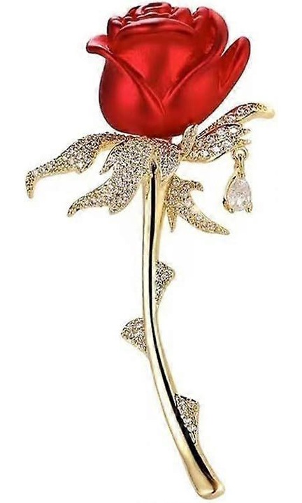 Brosa din aliaj cu trandafir rosu si cristale stralucitoare, tulpina aurie cu ornament picatura, Multicolor