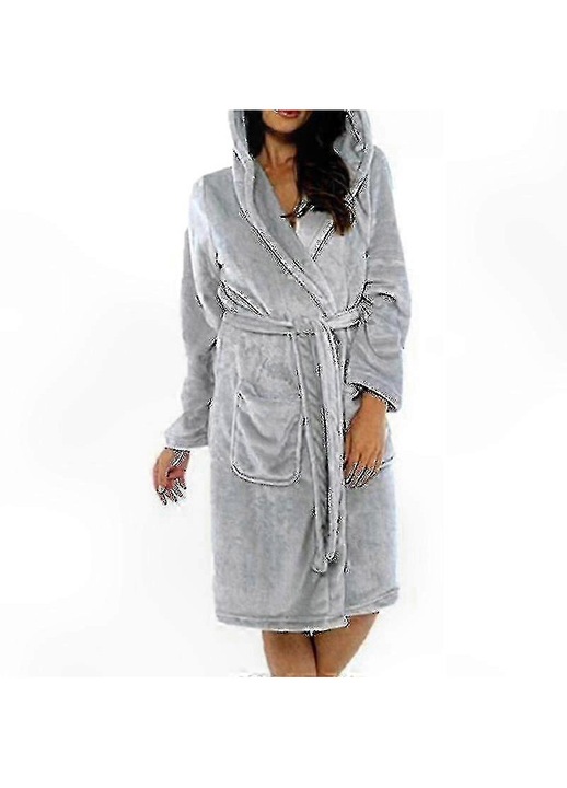 Halat de baie din fleece pentru femei, cu gluga, pentru relaxare si confort acasa, Gri, Gri