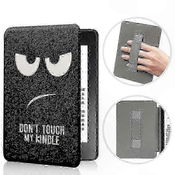 Husa smart pentru Kindle Paperwhite eMAG-CJ18-fr2608210938, compatibila Paperwhite 5/6/7 (2012–2016) EY21/DP75SDI, functie auto sleep/wake, carcasa plastic cu piele sintetica si interior din microfibra, negru/alb