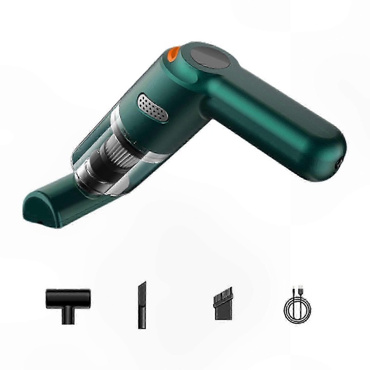 Aspirator portabil fara fir eMAG-CJ18-fr2608211337, USB reincarcabil, 10000 Pa, 120W, baterie 4000 mAh, autonomie 30 min, uscat si umed, filtru HEPA lavabil, 3 duze incluse, verde