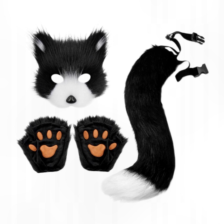 Set costum cosplay masca, coada si manusi din blana sintetica, negru/alb, marime universala