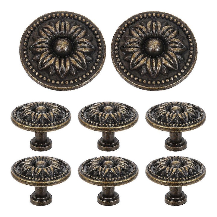Buton mobila eMAG-CJ18-fr2608214010, din aliaj de zinc, model floral decorat, maro deschis, set 8, O 3,5 x 2,6 cm