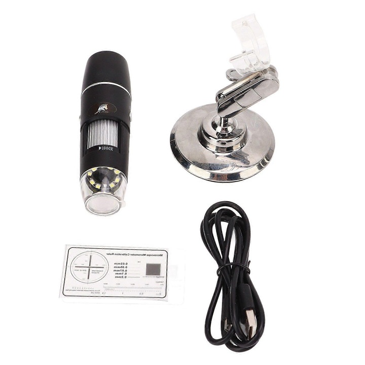 Microscop digital wireless eMAG-CJ18-fr2608211671, 1000x, 1920x1440 HD, 8 LED, Wi‑Fi pentru Android/iOS, baterie 650mAh, focalizare manuala 0–40 mm, negru/argintiu, include suport si rigla de calibrare