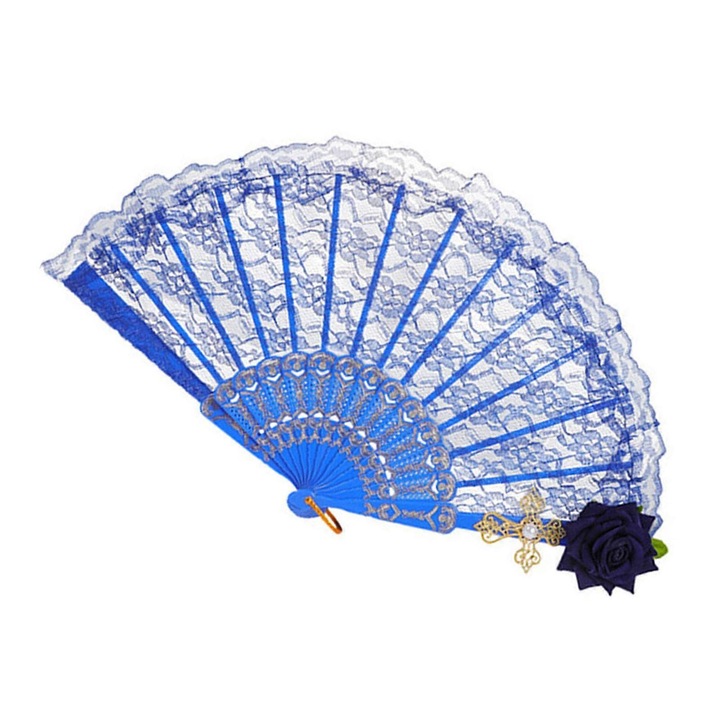 Evantai pliabil din plastic cu dantela, decorativ vintage cu floare, albastru, 41 x 24 cm