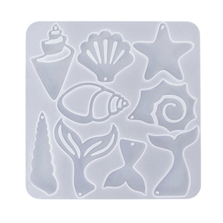 Matrita din silicon pentru rasina eMAG-CJ18-fr2608214850, tematica ocean (scoici, stea, coada de sirena), alb translucid, 1 buc
