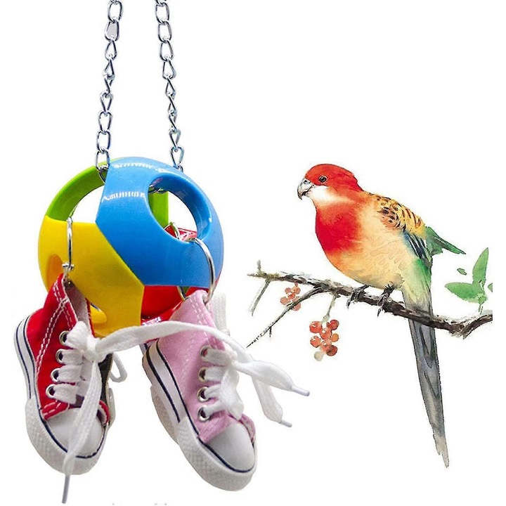 Jucarie agatata pentru pasari, mini tenisi din panza cu bila perforata, plastic‑metal‑panza, multicolor, 29 x 11 cm