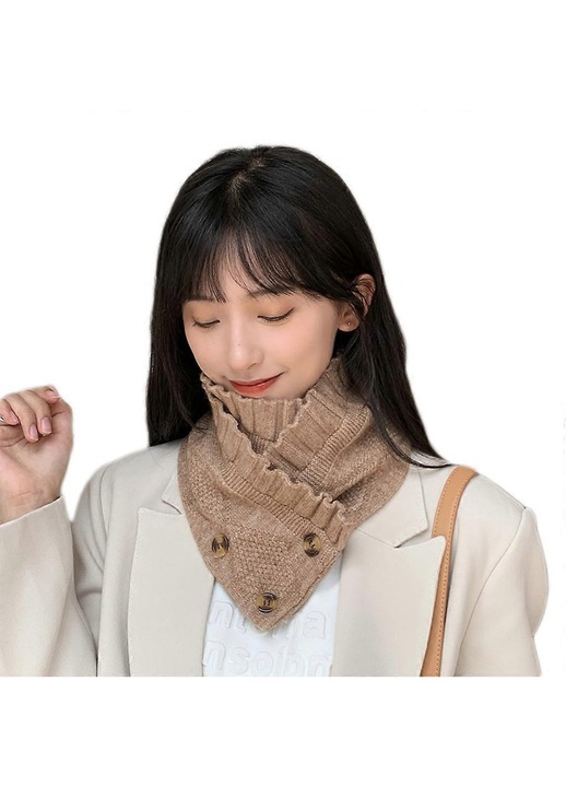 Guler tricotat din poliester cu aspect cashmere, cu nasturi, camel, 60 x 12.5 cm