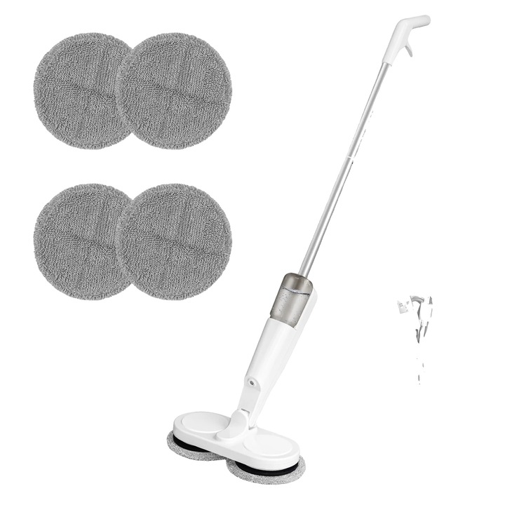 Mop electric fara fir 8785371184000, rezervor 200 ml, baterie 2000 mAh 7.4V, autonomie 60 min, cap reglabil 0–180°, lavete microfibra, 35 dB, alb/gri, 113 x 28 x 13 cm