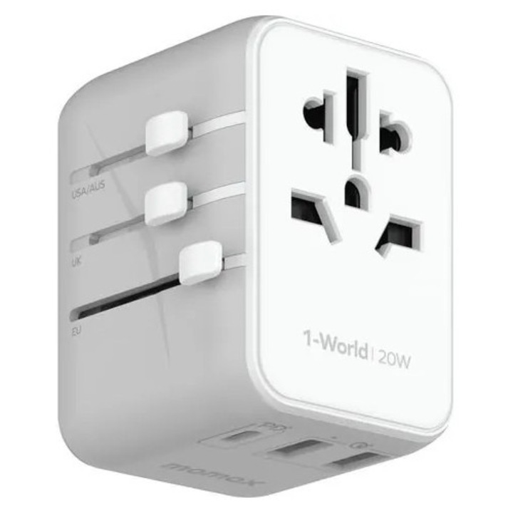 Adaptor de calatorie universal K0544-26821-578-MLC, PD 20W, USB-C + USB-A, prize UK/US/EU/AU/China/Japan, alb