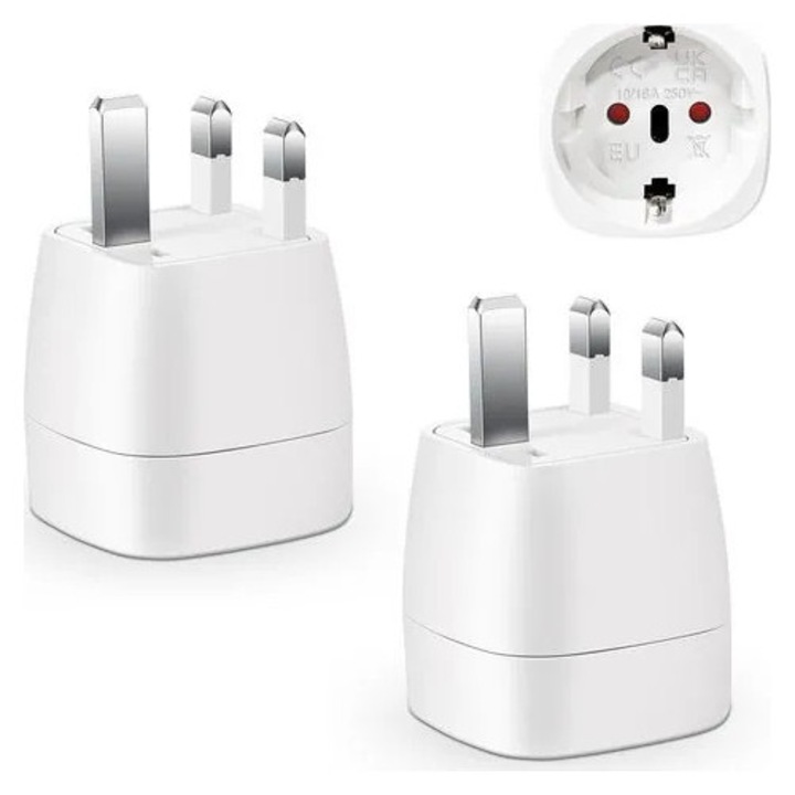 Adaptor priza Europa la UK K0544-26821-145-MLC, 2 pini UE la 3 pini GB, 13A, 250V, cu siguranta 13A, alb, set 2 buc
