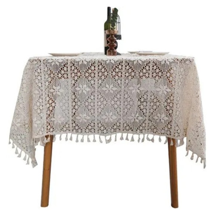 Horgolt pamut asztalterítő, pasztorális design bojtos szegéllyel, bézs, 60 x 60 cm