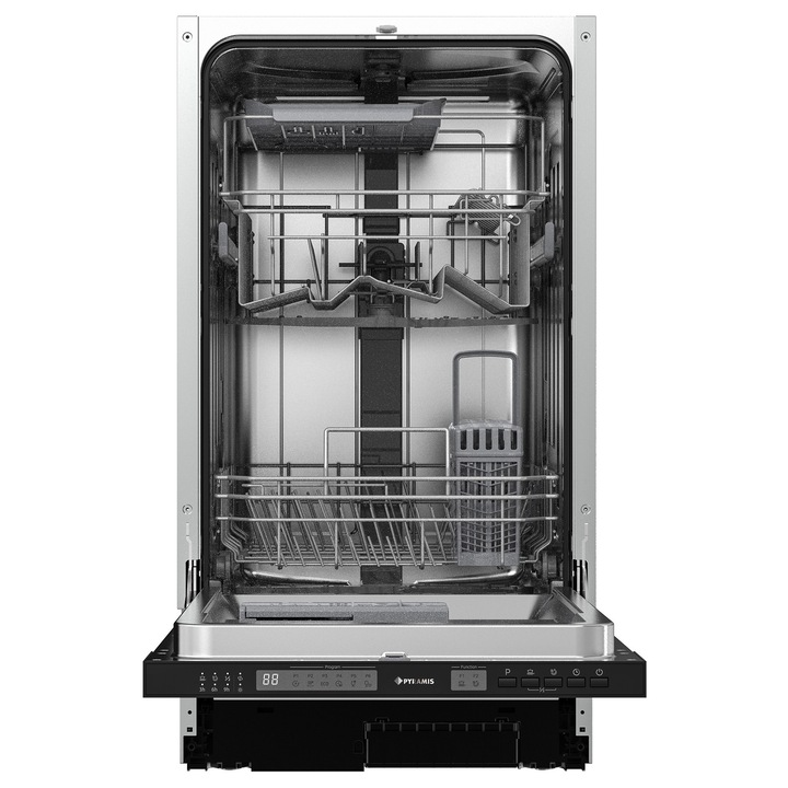 Masina de spalat vase incorporabila Pyramis Aniversaria DWI 45FI, 10 seturi, 6 programe, Power Wash, Extra Dry, Half Load, Aquastop, Timer Delay, 45 cm, Clasa E