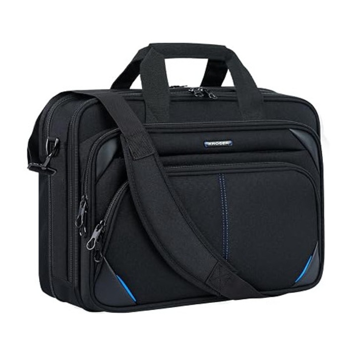 KROSER – Geanta pentru laptop de 18 inch, servieta pentru laptop de 17, 3 inch, negru/albastru – geanta business pentru computer, geanta de umar rezistenta la apa, pentru colegiu, barbati si femei