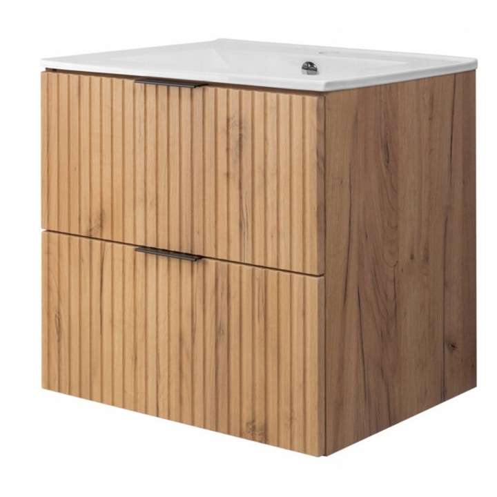 Dulap De Baie Cu Lavoar, Rodan, Flow, 60 x 57 x 46 cm, Stejar Craft Auriu, MDF, Fronturi Striate, Montare Suspendata, Inchidere Lenta Soft Close, Acoperire UP-Clean, Design Modern, Dulap Lux
