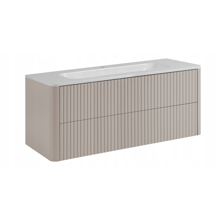 Dulap De Baie Cu Lavoar, Rodan, Linea, 120 x 48 x 44 cm, Casmir, MDF, Fronturi Ovale Striate, Montare Suspendata, Sistem Push To Open, Lavoar Compozit, Design Modern, Dulap Baie Lux