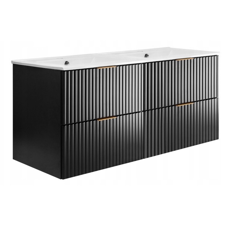 Set Mobilier Baie Cu Lavoar Dublu, Rodan, Flow, 120 x 57 x 46 cm, Negru, MDF, Fronturi Striate, Montare Suspendata, Inchidere Lenta Soft Close, Acoperire UP-Clean, Design Modern