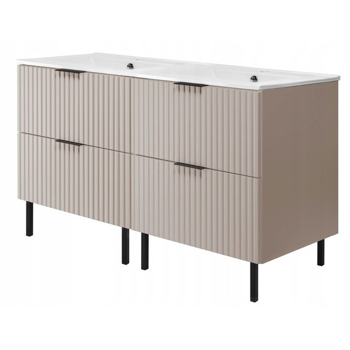 Set Mobilier Baie Cu Lavoar Dublu, Rodan, Flow, 120 x 57 x 46 cm, Casmir, MDF, Fronturi Striate, Montare Pe Picioare Metalice, Inchidere Lenta Soft Close, Acoperire UP-Clean, Design Modern, Lux