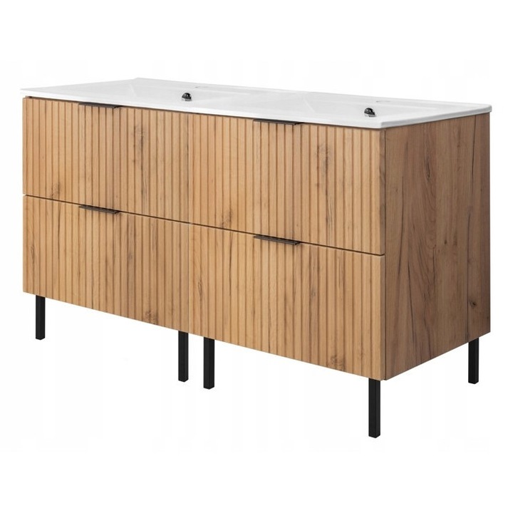 Dulap De Baie Cu Lavoar Dublu, Rodan, Flow, 120 x 57 x 46 cm, Stejar Craft Auriu, MDF, Fronturi Striate, Montare Pe Picioare Metalice, Inchidere Lenta Soft Close, Acoperire UP-Clean, Modern, Lux