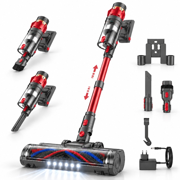Aspirator Vertical fara fir 3 in 1 Latkon® VC600Pro, 600W, 35000Pa, Autonomie 60 min, Ecran digital si 3 Moduri de curatare, Recipient praf 0.8L, Lumini LED, Sistem filtrare HEPA, Rosu