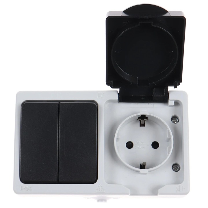 Priza schuko simpla + intrerupator dublu Hoff Cubik, cu capac, aparent, contact de protectie, 16A, IP54, gri + negru