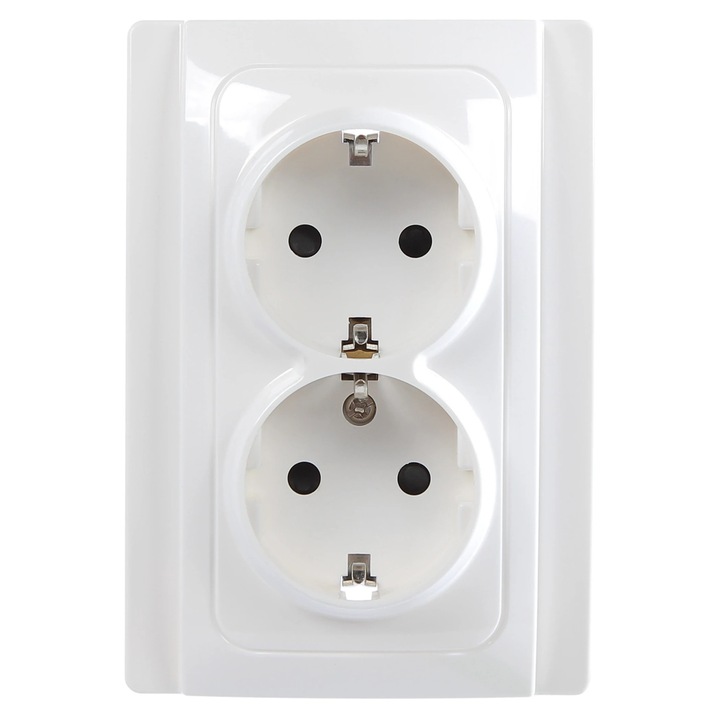 Priza schuko dubla Hoff Top, incastrat, contact de protectie, 16A, alb