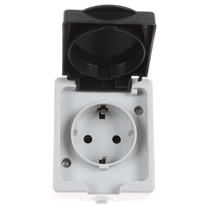 Priza schuko simpla Hoff Cubik, aparent, cu capac, contact de protectie, protectie copii, 16A, IP54, gri + negru