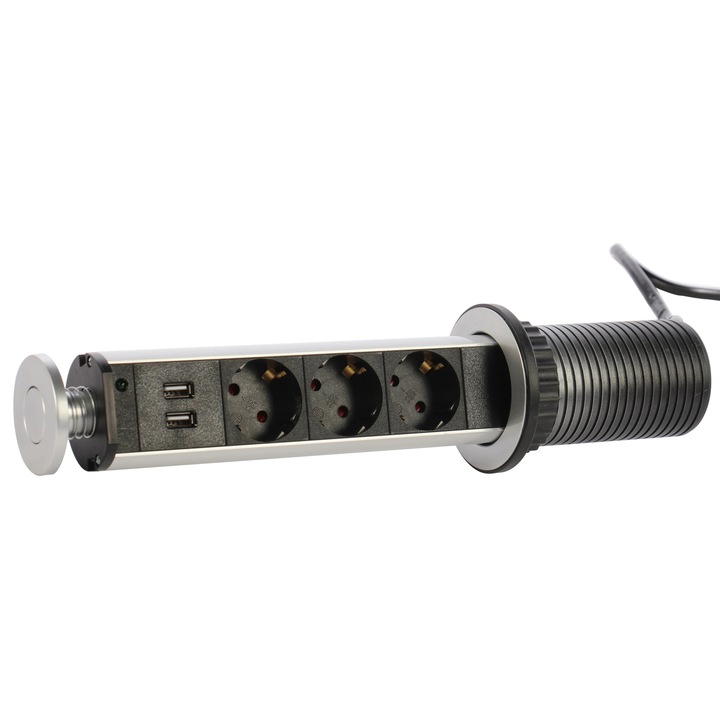 Prelungitor pop-up blat Hoff YL-2113, 3 prize + 2 USB 2.1 A, incastrat, gri