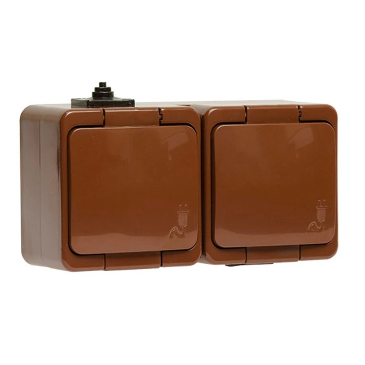 Priza schuko dubla Abex Smart, aparent, cu capac, contact de protectie, maro