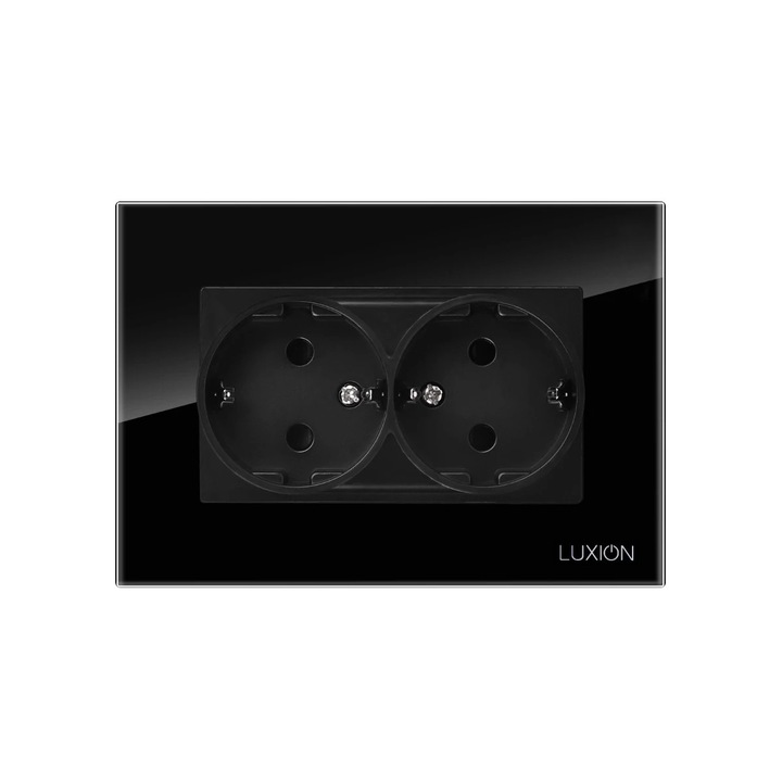 Priza schuko dubla Luxion LXD-M1-2110GF-B, incastrat, contact de protectie, rama din sticla inclusa, negru