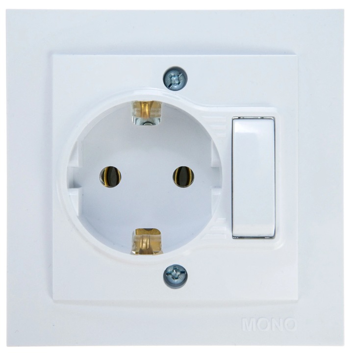 Priza mobilier simpla cu intrerupator Mono Electric, incastrata, rama inclusa, alb