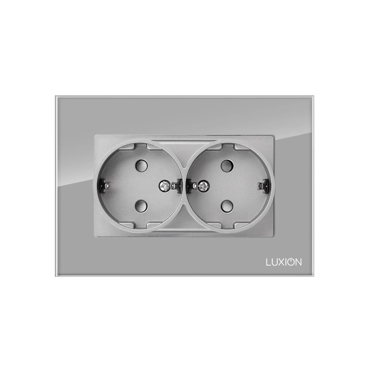 Priza schuko dubla Luxion LXD-M1-2110GF-GY, incastrat, contact de protectie, rama din sticla inclusa, gri