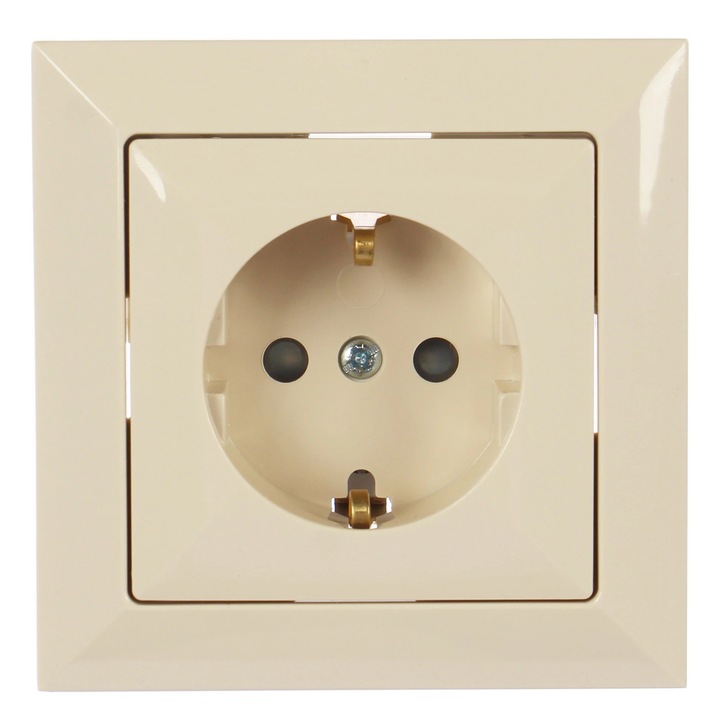 Priza schuko simpla Abex Perla PT-17P, incastrat, rama inclusa, contact de protectie, bej
