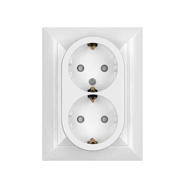 Priza schuko dubla Abex Perla PT-7PS, incastrat, contact de protectie, alb