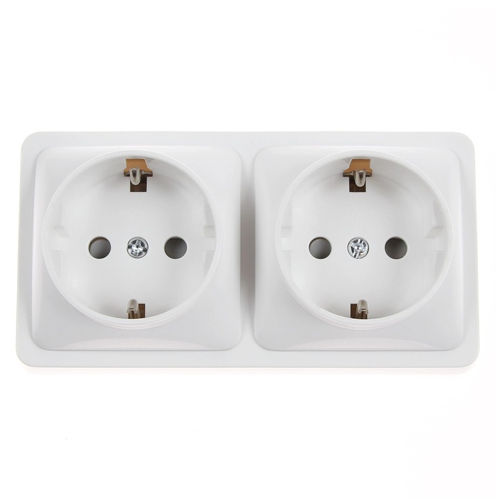Priza schuko dubla Hoff Mini, aparent, contact de protectie, 10A, alb