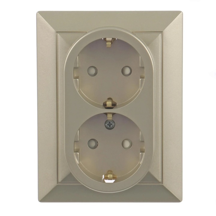 Priza schuko dubla Abex Perla PT-7P, incastrat, contact de protectie, satin