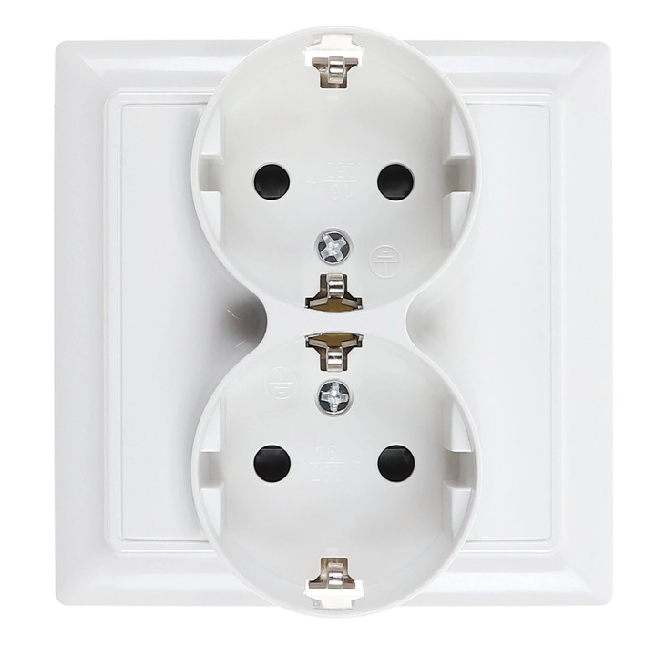 Priza schuko dubla Hoff Soft, incastrat, contact de protectie, 16A, alb
